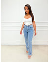 Hoch -verurteilte Jeans mit Abneigungseffekt und vertikalen Details