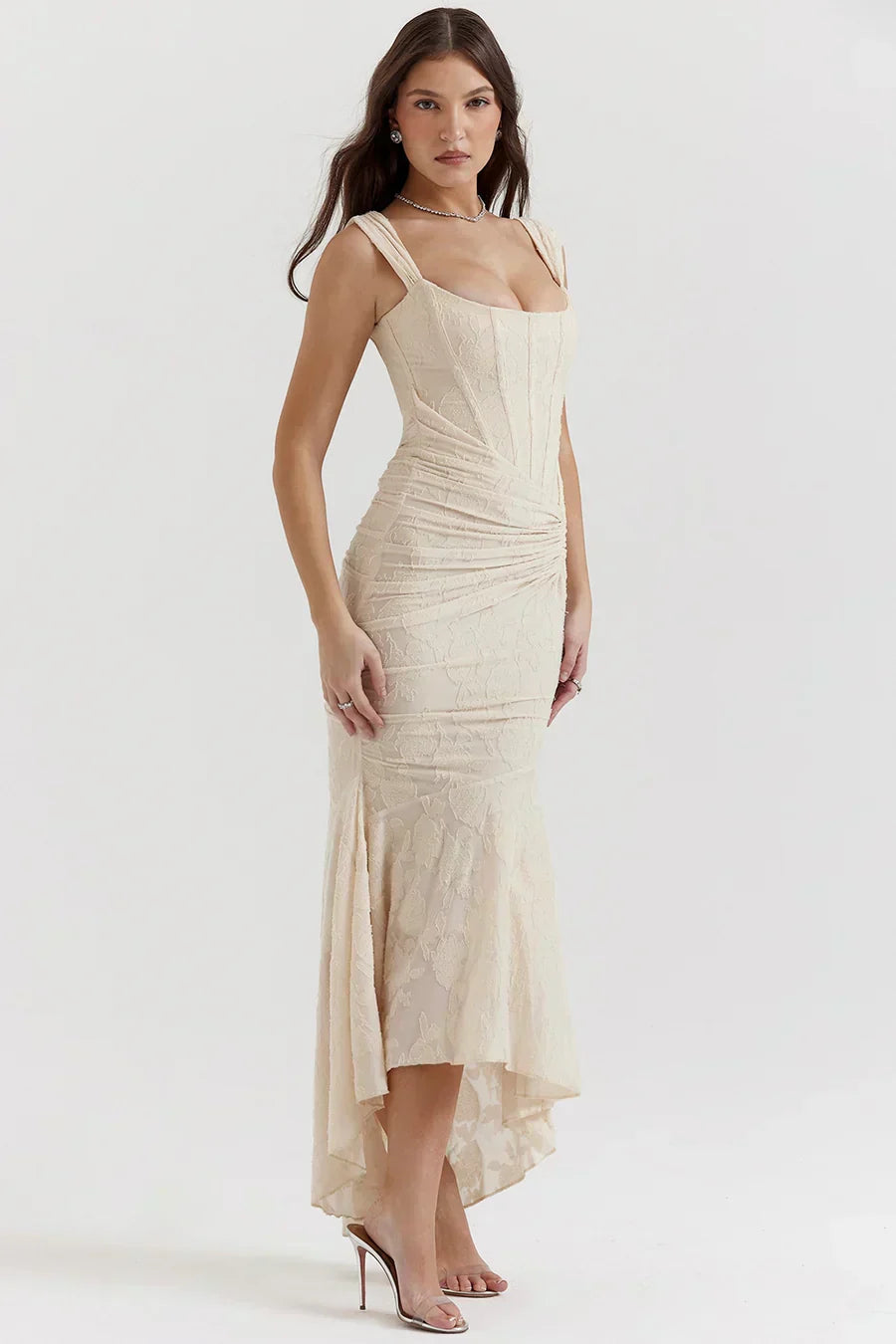 Damen Korsett Stil Midi Kleid | Gerüschtes Meerjungfrau Saum Kleid