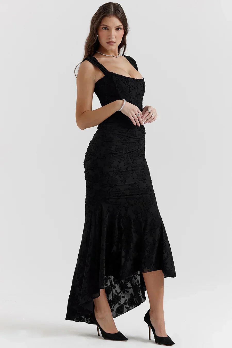 Damen Korsett Stil Midi Kleid | Gerüschtes Meerjungfrau Saum Kleid