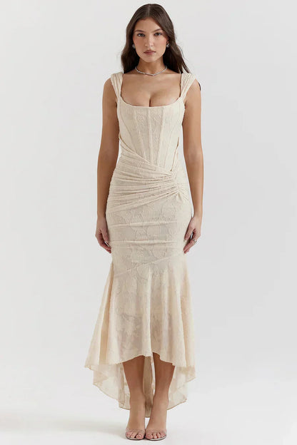 Abito Midi Donna con Corsetto | Arricciato con Orlo Asimmetrico in Stile Sirena