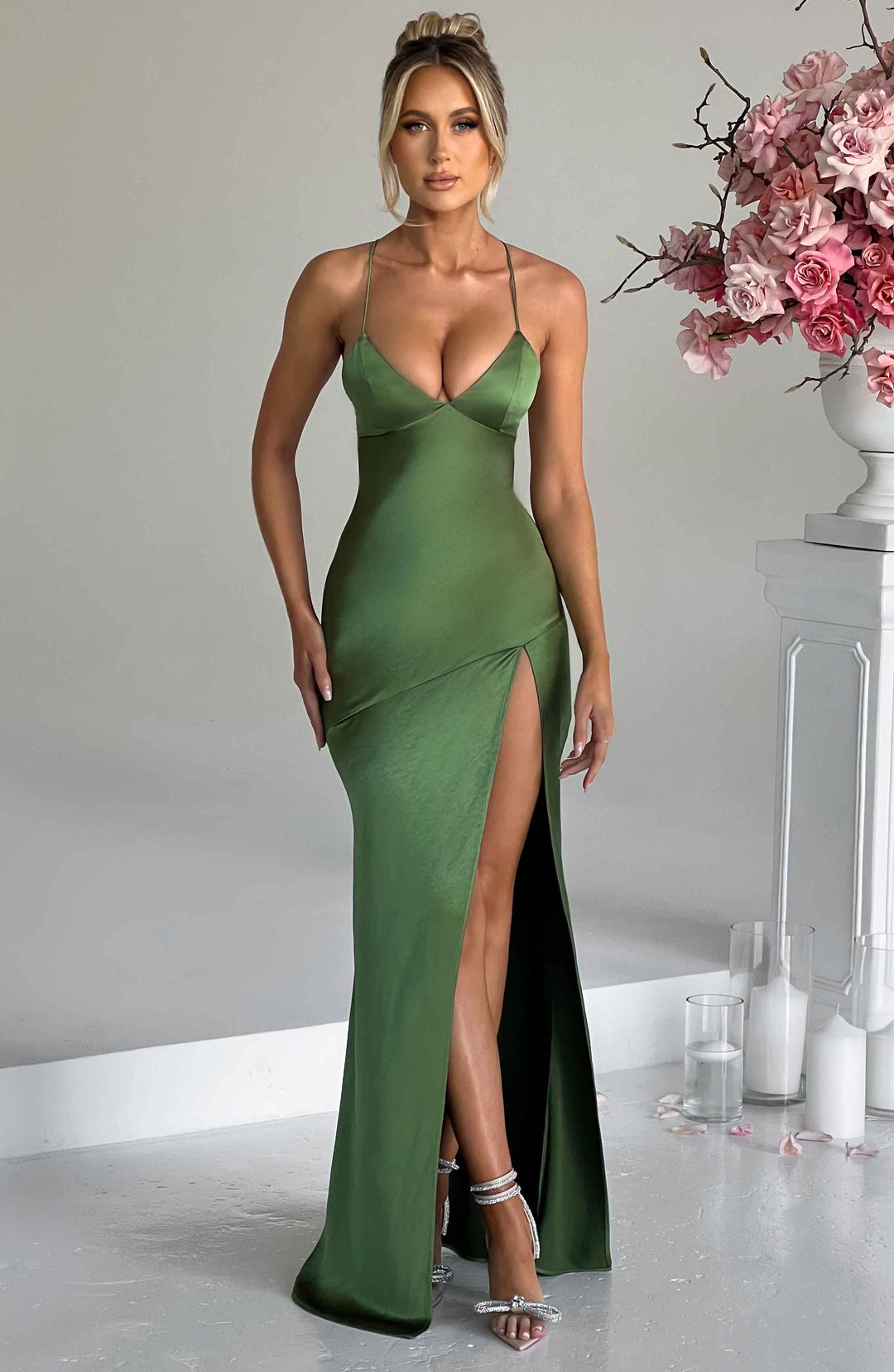 Damen Ärmelloses Spaghettiträger Schlitz Kleid | Maxi