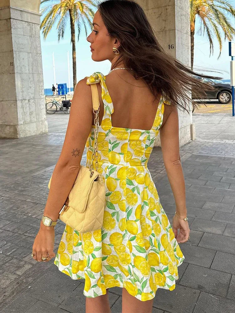Minikleid Frauen mit Zitronenprint und Spaghetti-Trägern