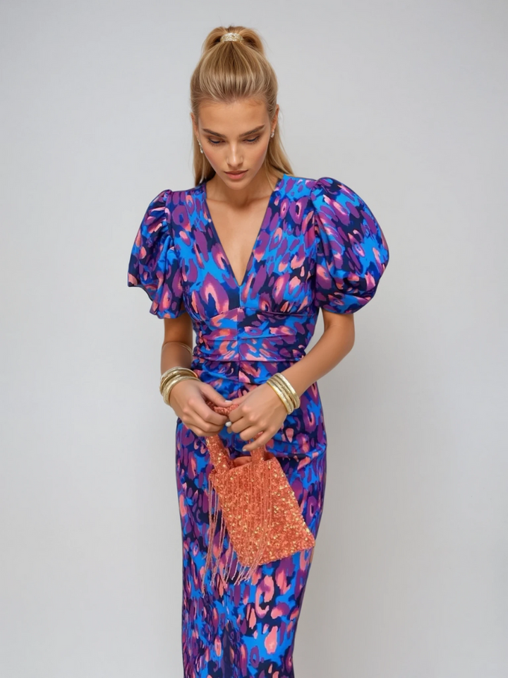 Damen Midikleid | Florales Design und Puffärmel | Eleganter Statement-Look