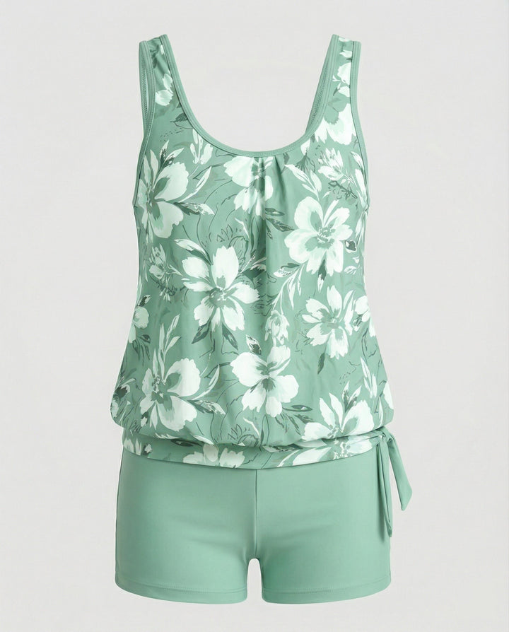 Ensemble tankini sans manches pour femme avec motif floral | Deux pièces