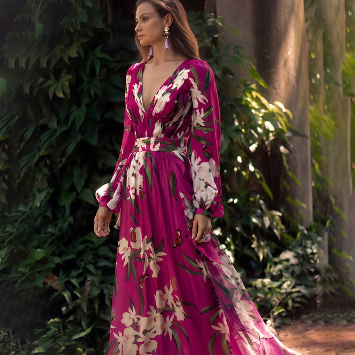 Damen Maxikleid | Florales Design und Fließende Silhouette | Eleganter Stil für Besondere Anlässe