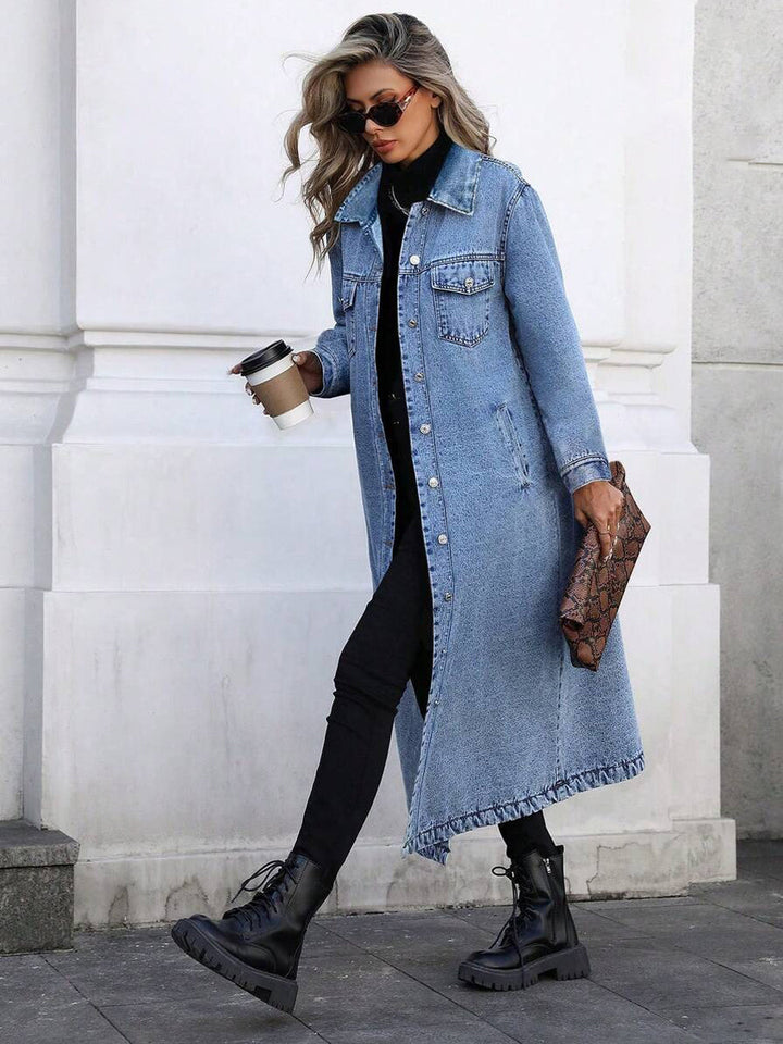 Maya | Women's Longline Denim Coat with Flared Silhouette