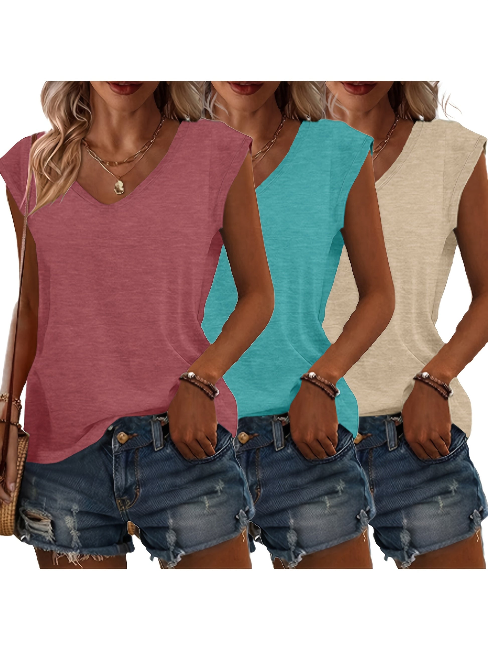 T-Shirt Damen | Lässige Sommermode mit V-Ausschnitt im 3er-Pack | Monika