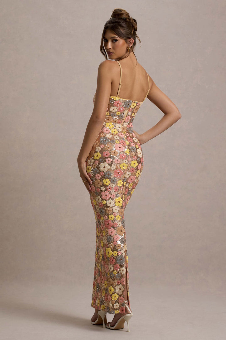 Damen Ärmelloses Kleid Mit Blumenmuster Eckigem Ausschnitt | Lang