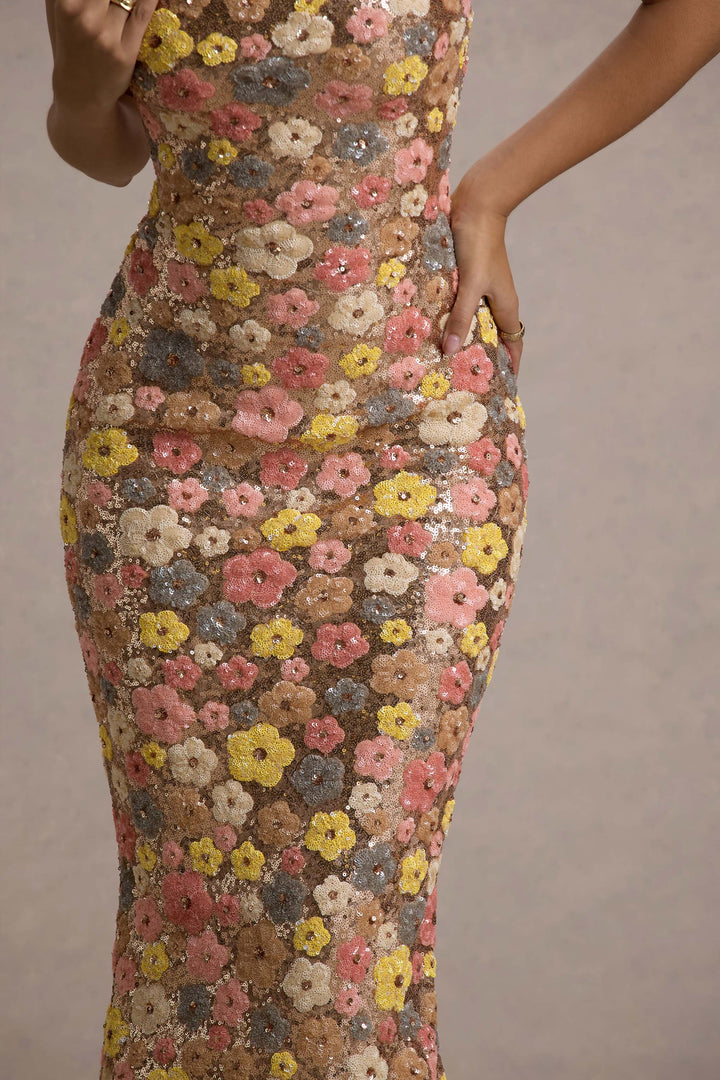 Damen Ärmelloses Kleid Mit Blumenmuster Eckigem Ausschnitt | Lang