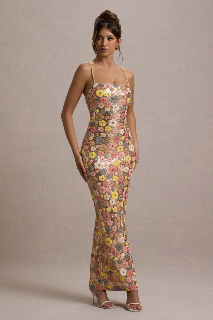 Damen Ärmelloses Kleid Mit Blumenmuster Eckigem Ausschnitt | Lang