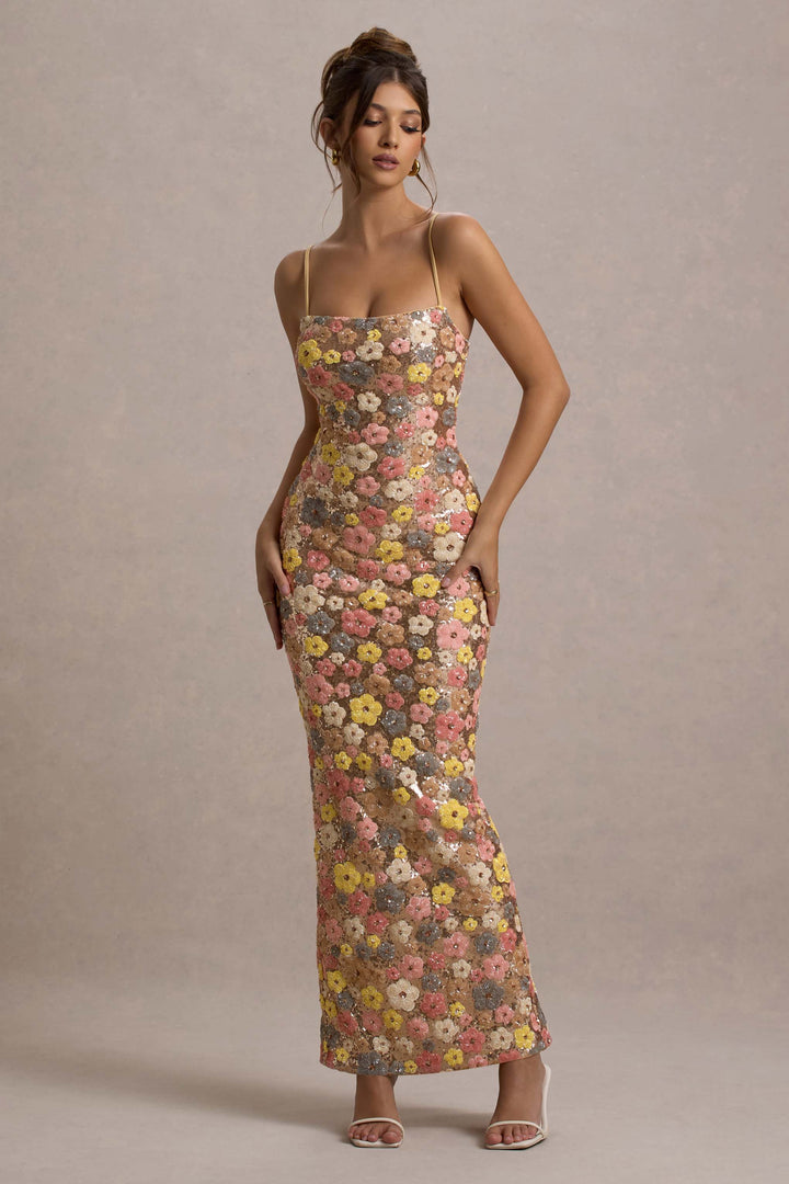 Damen Ärmelloses Kleid Mit Blumenmuster Eckigem Ausschnitt | Lang