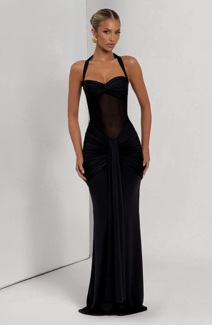 Damen Transparent Einsatz Maxi Kleid | Neckholder Drapiertes Bodycon Kleid
