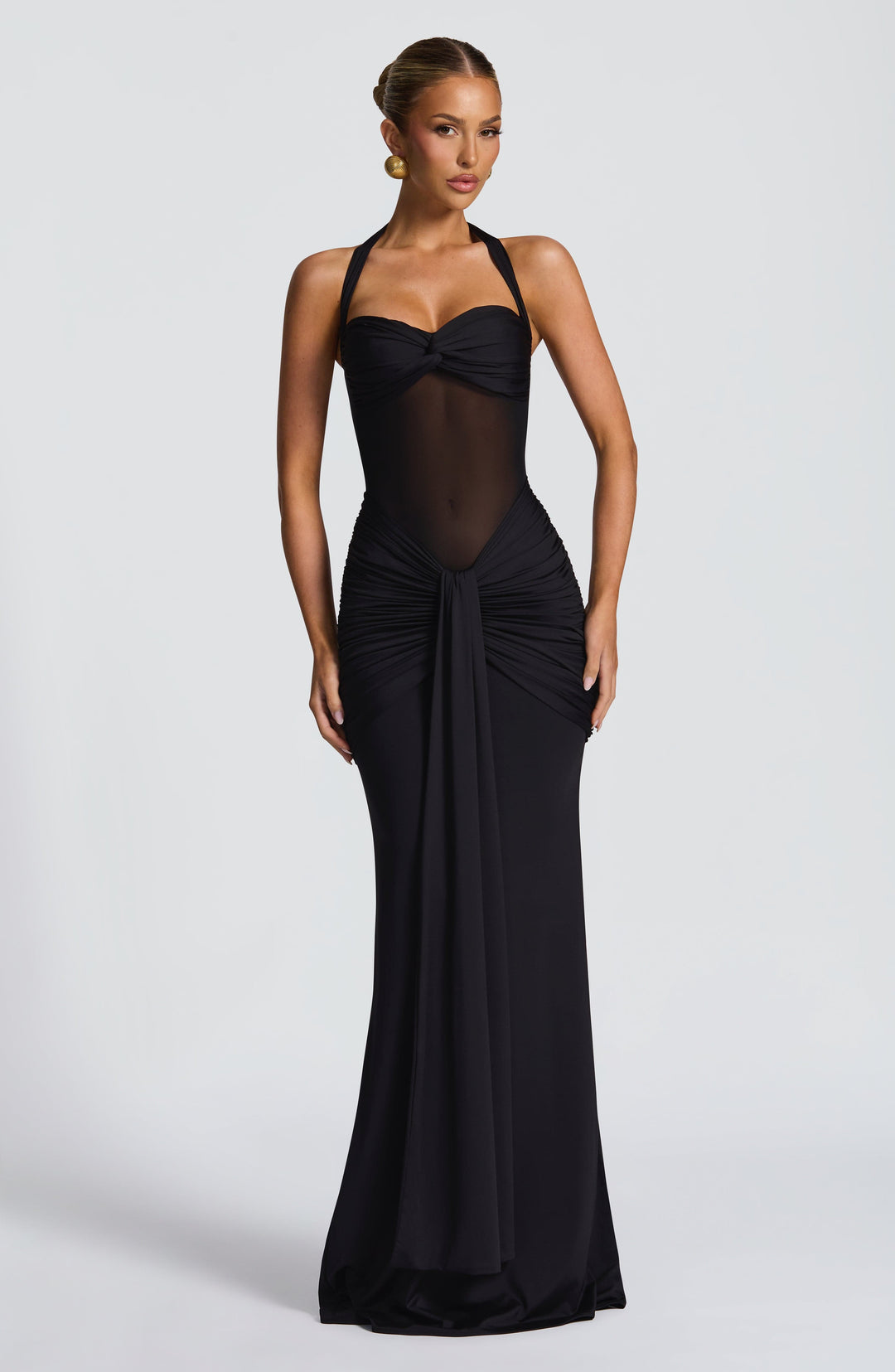 Damen Transparent Einsatz Maxi Kleid | Neckholder Drapiertes Bodycon Kleid