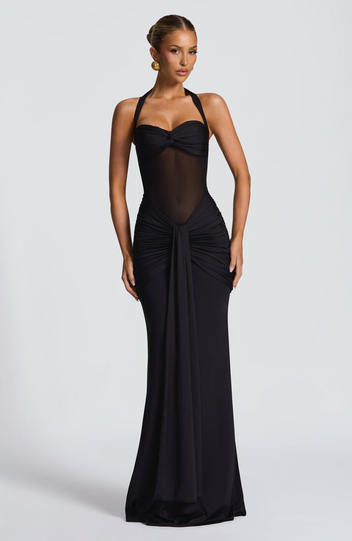 Damen Transparent Einsatz Maxi Kleid | Neckholder Drapiertes Bodycon Kleid