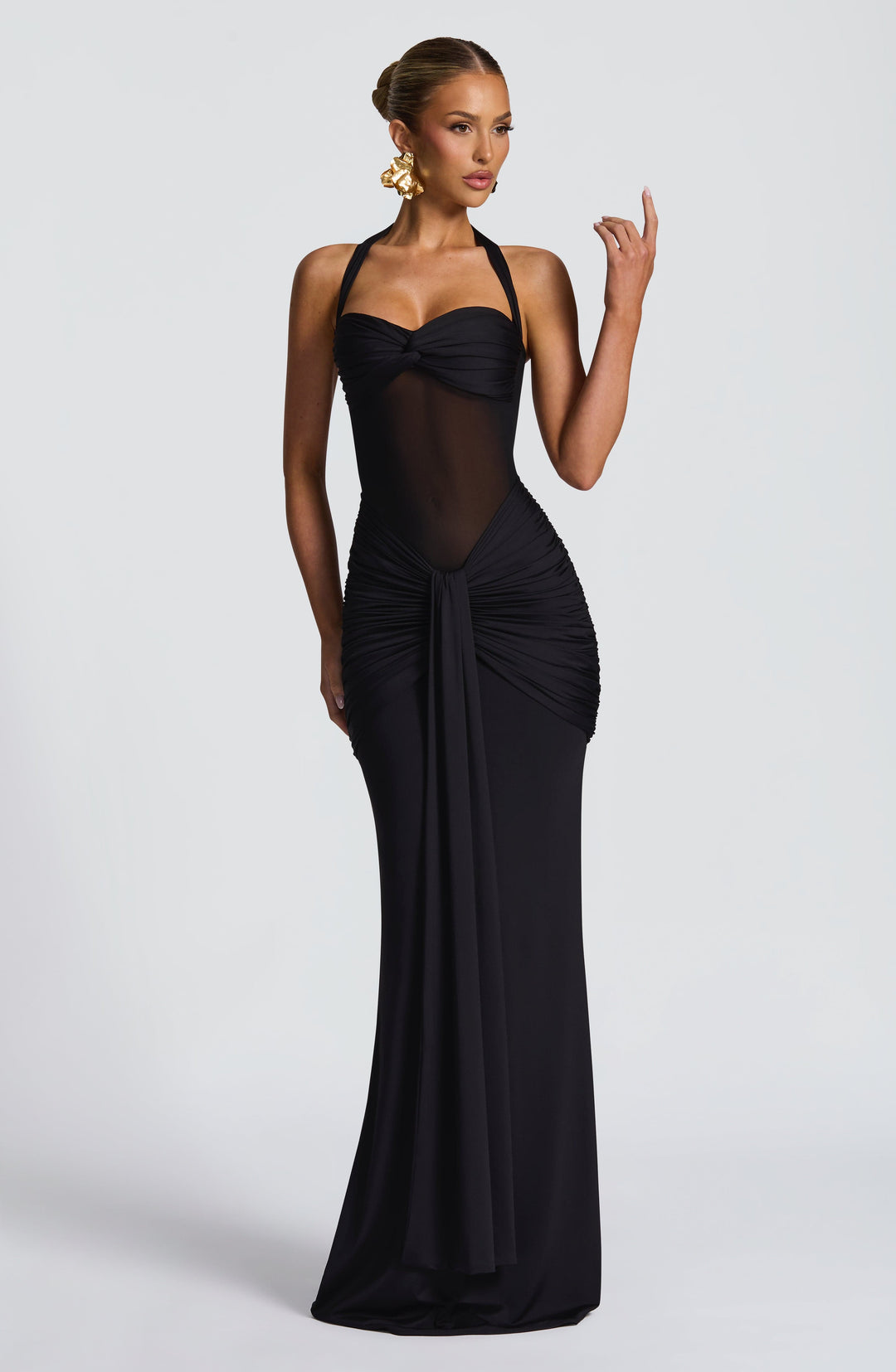 Damen Transparent Einsatz Maxi Kleid | Neckholder Drapiertes Bodycon Kleid