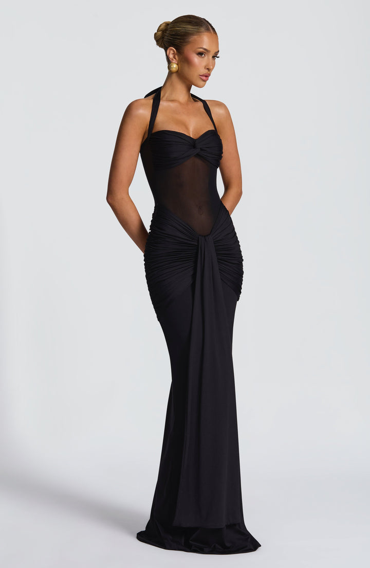 Damen Transparent Einsatz Maxi Kleid | Neckholder Drapiertes Bodycon Kleid