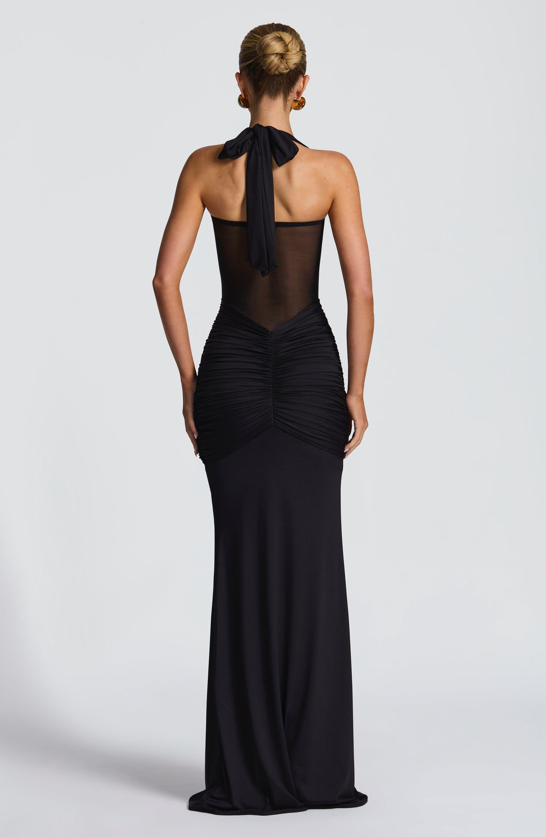 Damen Transparent Einsatz Maxi Kleid | Neckholder Drapiertes Bodycon Kleid