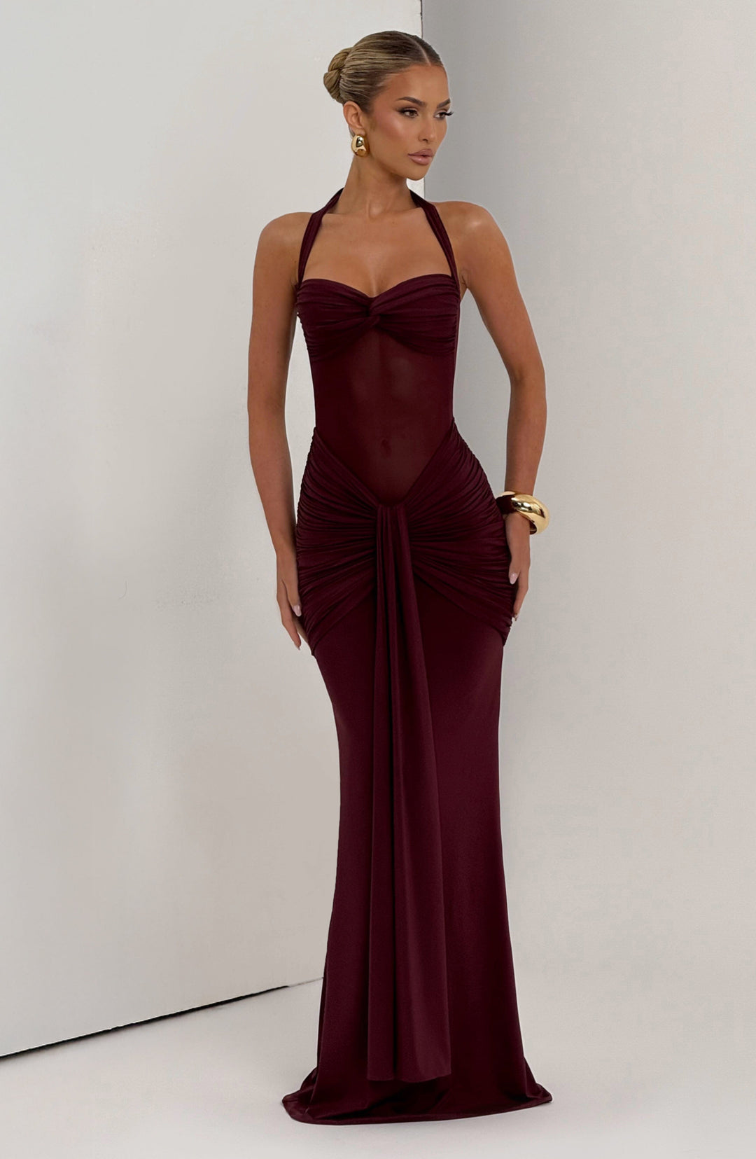 Damen Transparent Einsatz Maxi Kleid | Neckholder Drapiertes Bodycon Kleid
