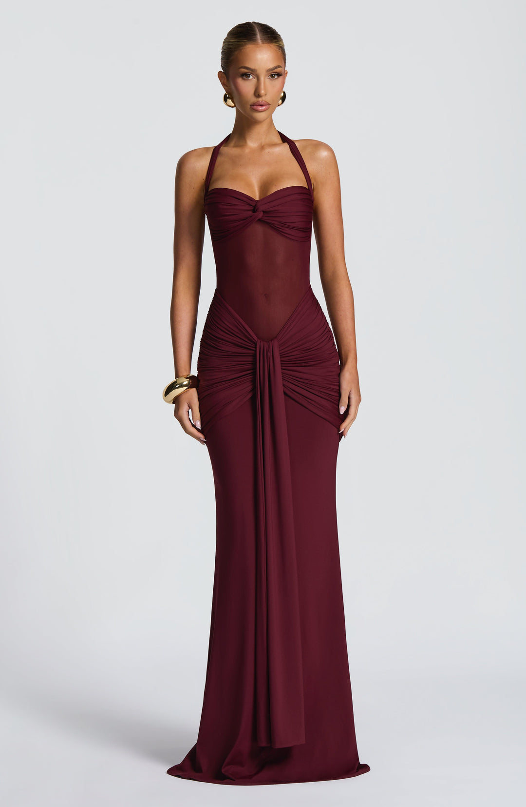 Damen Transparent Einsatz Maxi Kleid | Neckholder Drapiertes Bodycon Kleid