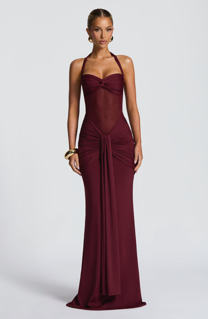 Damen Transparent Einsatz Maxi Kleid | Neckholder Drapiertes Bodycon Kleid