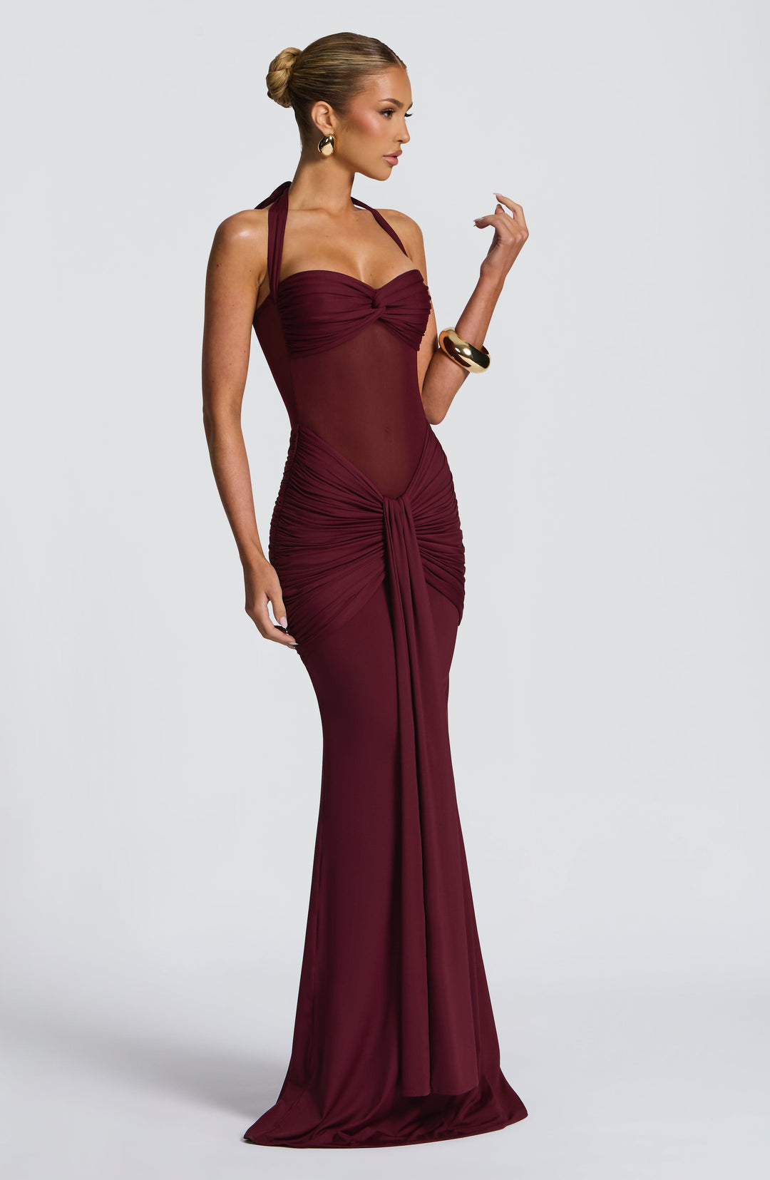 Damen Transparent Einsatz Maxi Kleid | Neckholder Drapiertes Bodycon Kleid