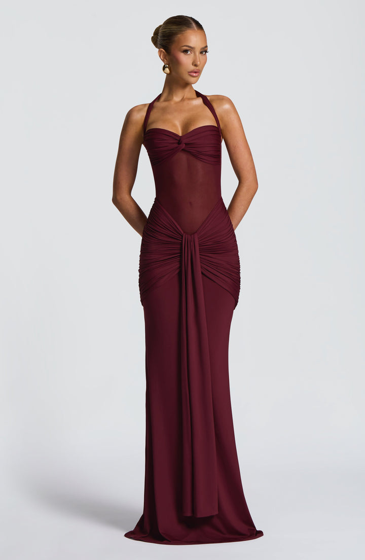 Damen Transparent Einsatz Maxi Kleid | Neckholder Drapiertes Bodycon Kleid