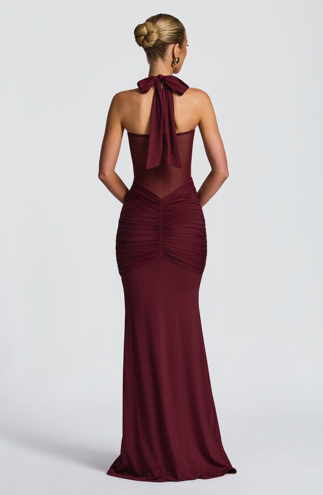 Damen Transparent Einsatz Maxi Kleid | Neckholder Drapiertes Bodycon Kleid