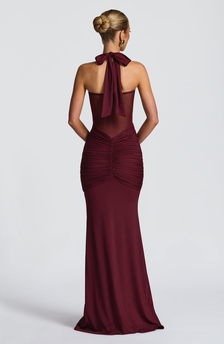 Damen Transparent Einsatz Maxi Kleid | Neckholder Drapiertes Bodycon Kleid