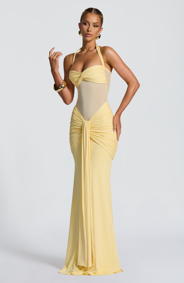 Damen Transparent Einsatz Maxi Kleid | Neckholder Drapiertes Bodycon Kleid