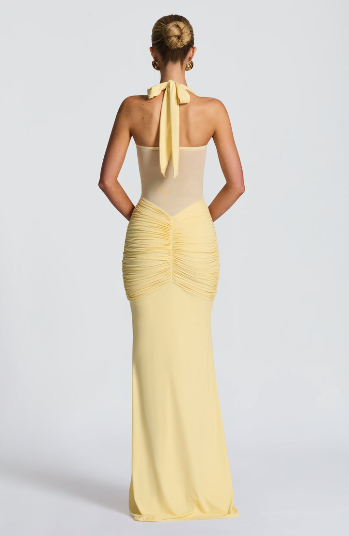 Damen Transparent Einsatz Maxi Kleid | Neckholder Drapiertes Bodycon Kleid
