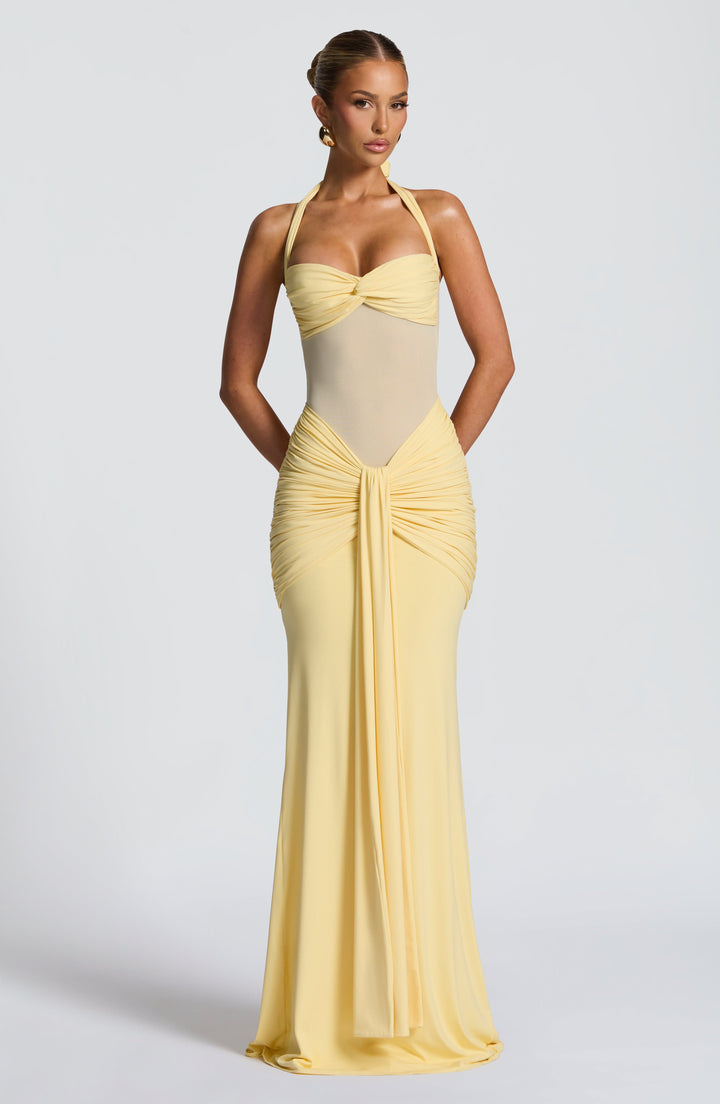 Damen Transparent Einsatz Maxi Kleid | Neckholder Drapiertes Bodycon Kleid