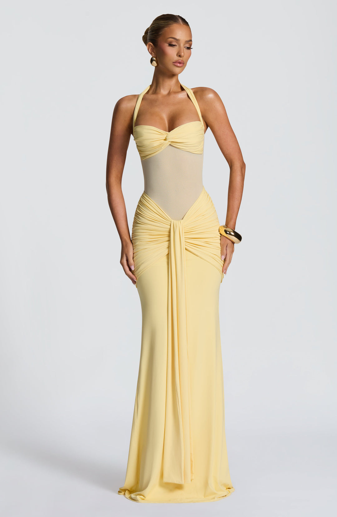 Damen Transparent Einsatz Maxi Kleid | Neckholder Drapiertes Bodycon Kleid