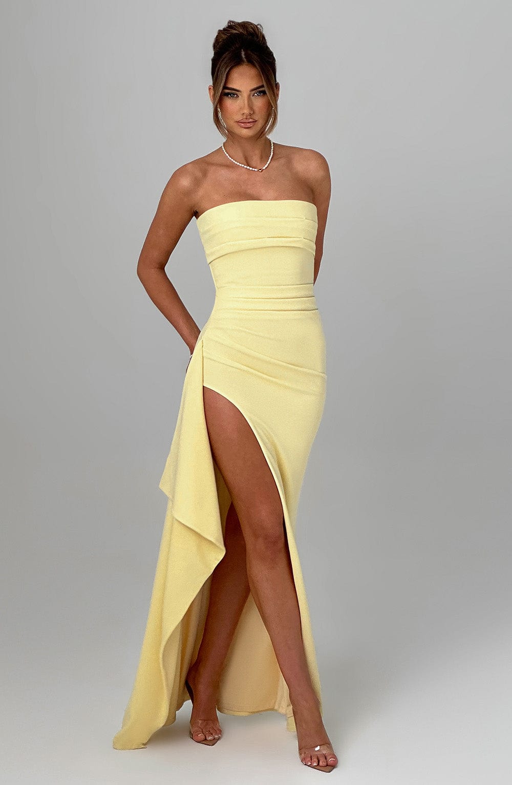 Damen Trägerloses Maxi Kleid | Hoher Schlitz Bodycon Kleid